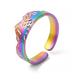 Rainbow Color Ion Plating(IP) 304 Stainless Steel Mountain Open Cuff Ring for Women, Rainbow Color, US Size 7 1/4(17.5mm)