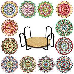 Flower DIY Cup Mats Diamond Painting Kits, Including Cork Pads, Iron Coaster Holder, Resin Rhinestones, Diamond Sticky Pen, Tray Plate and Glue Clay, Flower Pattern, 100mm
