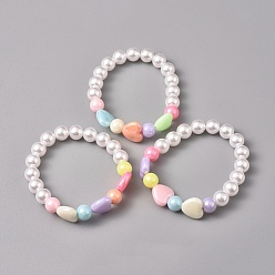 Color mezclado Pulseras elásticas con cuentas de acrílico para niños, con perlas de imitación de plástico ecológico y cuentas acrílicas, corazón y redondo, color mezclado, 1-5/8 pulgada (4.3 cm)