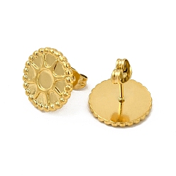 Real 18K Gold Plated Ion Plating(IP) 304 Stainless Steel Stud Earring Cabochon Settings, Flat Round with Sun, Real 18K Gold Plated, Tray: 4mm, 14mm, Pin: 0.8mm