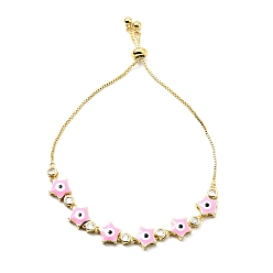 Rose Nacré Bracelet coulissant en zircone cubique transparente et étoile en émail avec maillons mauvais œil, bijoux en laiton plaqué or pour femme, sans plomb et sans cadmium, perle rose, 10-5/8 pouce (27 cm)