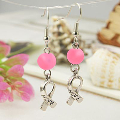 Pearl Pink Hope Breast Cancer Earrings, Pink Awareness Ribbon Charms and Brass Earring Hook, Pearl Pink, about 47mm long