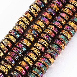Colorful Electroplated Natural Lava Rock Beads Strands, Flat Round/Disc, Heishi Beads, Bumpy, Colorful, 8.5x4mm, Hole: 1mm, about 104~105pcs/strand, 15.75 inch~15.94 inch(40cm~40.5cm)