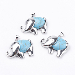 Synthetic Turquoise Dyed & Synthetic Turquoise Pendants, with Platinum Tone Brass Findings, Elephant, 29x38x10mm, Hole: 5x3.5mm