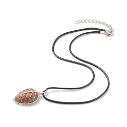 Unakite Natural Unakite Leaf Cage Pendant Necklace with Waxed Cords, Gemstone Jewelry for Women, 17.32 inch(44cm)