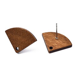 Saddle Brown Walnut Wood Stud Earring Findings, with Hole and 304 Stainless Steel Pin, Fan, Saddle Brown, 14.5x19mm, Hole: 1.8mm, Pin: 0.7mm