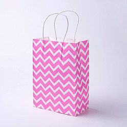 Pink Sacs en papier kraft, avec poignées, sacs-cadeaux, sacs à provisions, rectangle, motif de vague, rose, 33x26x12 cm