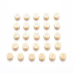 Letter A~Z 304 Stainless Steel Beads, Flat Round & Alphabet, Letter A~Z, 10x4.5mm, Hole: 2mm
