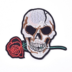 White Computerized Embroidery Cloth Iron on/Sew on Patches, Costume Accessories, Appliques, Skull with Rose, Floral White, 86x96x1.5mm