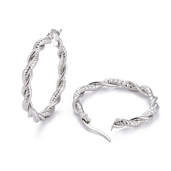 Stainless Steel Color 304 Stainless Steel Hoop Earring, Hypoallergenic Earrings, with Ear Nut, Textured, Twisted Ring Shape, Stainless Steel Color, 34.5x4mm, Pin: 0.5x1mm