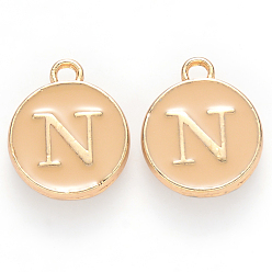 Letter N Golden Plated Alloy Enamel Charms, Cadmium Free & Lead Free, Enamelled Sequins, Flat Round with Letter, Wheat, Letter.N, 14x12x2mm, Hole: 1.5mm