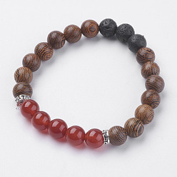 Carnelian Natural Lava Rock Beads Stretch Bracelets, with Wenge Wood Beads, Carnelian, Coconut and Alloy Finding, 2 inch(52mm)