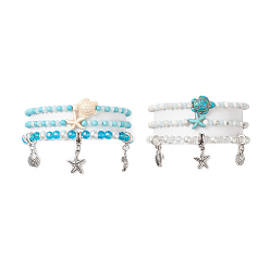 Mixed Color Ocean Theme Synthetic Turquoise & Natural Howlite Anklets Set, with Glass Beads and Tibetan Style Zinc Alloy Charms, Mixed Color, Inner Diameter: 2-3/8~3-7/8 inch(6.1~9.9cm), 3pcs/set, 2colors/bag