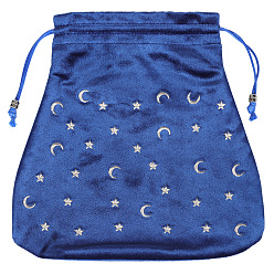 Marine Blue Velvet Packing Pouches, Drawstring Bags, Trapezoid with Moon & Star Pattern, Marine Blue, 21x21cm