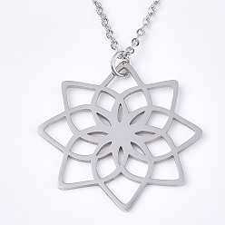 Stainless Steel Color 201 Stainless Steel Pendant Necklaces, with Cable Chains, Lotus, Stainless Steel Color, 17.5 inch~17.9 inch(44.5~45.5cm), 1.5mm, Lotus: 29.5x29.5x1mm