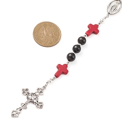 Roja Collar de cuentas de rosario de madera y turquesa sintética, Collar con colgante de cruz de aleación y Virgen María para religión, rojo, 25.98 pulgada (66 cm)