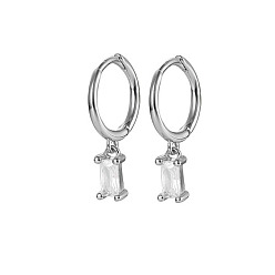 Clear Platinum Rhodium Plated 925 Sterling Silver Dangle Hoop Earrings for Women, Rectangle, Clear, 19.8mm