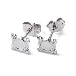 Stainless Steel Color 304 Stainless Steel Stud Earring Findings, Square with Round Tray Earring Settings, with Ear Nuts, Stainless Steel Color, Tray: 4mm, 7x7mm, Pin: 0.7mm