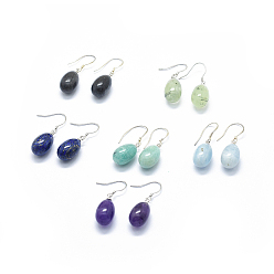 Mixed Stone Natural Gemstone Dangle Earrings, with 925 Sterling Silver Finding, Platinum, Oval, 31~32mm, Pin: 0.4mm