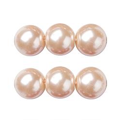 Marron Clair Brins de perles rondes en verre teinté écologique, Grade a, cordon en coton fileté, bisque, 14mm, Trou: 0.7~1.1mm, Environ 30 pcs/chapelet, 15 pouce