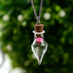 Fuchsia Dried Flower Inside Glass Wish Bottle Pendant Necklaces, Platinum Alloy Jewelry for Women, Fuchsia, 18.90 inch(48cm)
