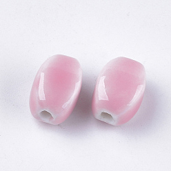 Pink Handmade Porcelain Beads, Bright Glazed Porcelain Style, Oval, Pink, 14x10.5x11mm, Hole: 2.5mm