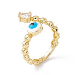 White Clear Cubic Zirconia Teardrop & Enamel Evil Eye Open Cuff Ring, Real 18K Gold Plated Brass Jewelry for Women, Lead Free & Cadmium Free, White, US Size 5 1/4(15.9mm)