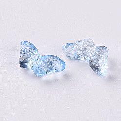 Light Sky Blue Transparent Spray Painted Glass Beads, with Glitter Powder, Butterfly, Light Sky Blue, 8x15x4.5mm, Hole: 1mm