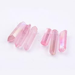 Pink Electroplated Natural Quartz Crystal Graduated Beads Strands, Nuggets, Pink, 21~43x5~13mm, Hole: 1mm, 3pcs/set