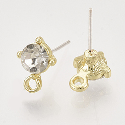 Crystal Alloy Stud Earring Findings, with Glass Rhinestones, Loop and Raw(Unplated) Pin, Golden, Crystal, 11.5x8.5mm, Hole: 1.8mm, Pin: 0.7mm