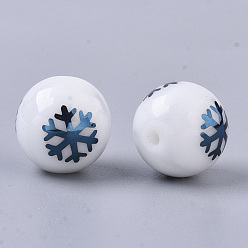 Blue Plated Christmas Opaque Glass Beads, Round with Electroplate Snowflake Pattern, Blue Plated, 10mm, Hole: 1.2mm