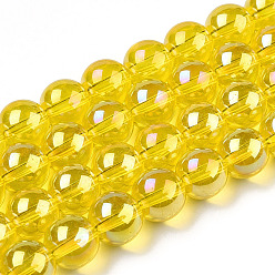 Oro Electroplate transparentes cuentas de vidrio hebras, color de ab chapado, rondo, oro, 9.5~10 mm, agujero: 1.5 mm, sobre 40~42 unidades / cadena, 14.76~15.12 pulgada (37.5~38.4 cm)