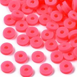 Rosa Caliente Cuentas de arcilla polimérica hechas a mano ecológicas, disco / plano y redondo, perlas heishi, color de rosa caliente, 4x1 mm, agujero: 1 mm, Sobre 55000 unidades / 1000 g