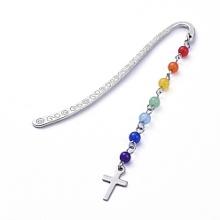 Colorful Chakra Theme, Tibetan Style Alloy Bookmarks, with Natural & Dyed Malaysia Jade Beads and 304 Stainless Steel Pendants, Cross, Colorful, Pendants: about 89x9.5x4.5mm, 84x4.5x1.3mm