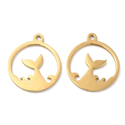 Golden 201 Stainless Steel Pendants, Flat Round with Fishtail Charm, Golden, 17.5x15.5x1mm, Hole: 1.4mm