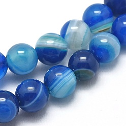 Royal Blue Natural Striped Agate/Banded Agate Beads Strands, Dyed & Heated, Round, Royal Blue, 6mm, Hole: 1.2mm, about 62pcs/strand, 14.9 inch(38cm)