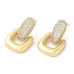 Golden Clear Cubic Zirconia Square Dangle Stud Earrings, Brass Earrings for Women, Golden, 23mm