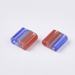 Blue 2-Hole Glass Seed Beads, Striped Seed Beads, Transparent Colours, Two Tone, Rectangle, Blue, 5x4.5~5.5x2~2.5mm, Hole: 0.5~0.8mm