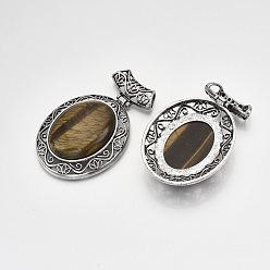 Tiger Eye Natural Tiger Eye Big Pendants, with Alloy Findings, Oval, Antique Silver, 60x46x15mm, Hole: 8x5mm