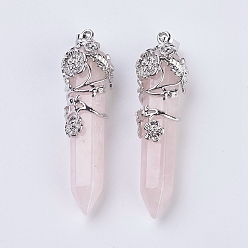 Quartz Rose Naturelle quartz rose a pendentifs, avec les accessoires en laiton de platine, facette, balle, fleur, 58~61x15~17mm, Trou: 5x7mm