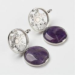 Amethyst Natural Amethyst Pendants, with Brass Diffuser Locket Findings, Flat Round with Snowflake, 31x26x8mm, Hole: 4mm