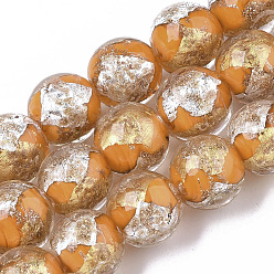Orange Foncé Cordes de perles de lampwork en sable dorées faites à la main, moitié feuille d'argent et moitié feuille d'or, ronde, orange foncé, 11.5~12.5x11~12mm, Trou: 1.2mm, Environ 45 pcs/chapelet, 20.08 pouce