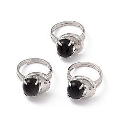 Obsidian Natural Obsidian Oval with Crescent Adjustable Ring, Platinum Brass Jewelry for Women, Cadmium Free & Nickel Free & Lead Free, US Size 7 3/4(17.9mm)