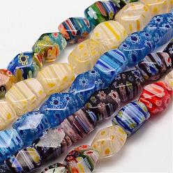 Mixed Color Handmade Millefiori Glass Bead Strands, Faceted, Cuboid, Mixed Color, 13~14x8~10x8~10mm, Hole: 1mm, about 26~27pcs/strand, 14.8 inch