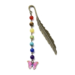 Plum Butterfly Alloy Enamel Pendant Bookmark with Chakra Gemstone Bead, Alloy Feather Bookmarks, Plum, 140x14.5x3.5mm