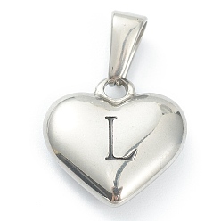Letter L Pendentifs en acier inoxydable, coeur avec lettre noire, couleur inox, letter.l, 304mm, Trou: 16x16x4.5mm
