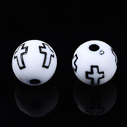 White Opaque Acrylic Beads, Round with Cross, White, 10x9.5mm, Hole: 2mm, about 988pcs/500g