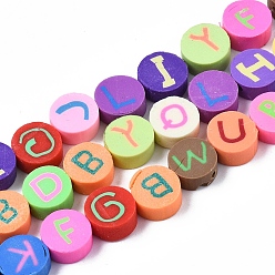 Mixed Color Handmade Polymer Clay Bead Strands, FLat Round with Capital Letter, Mixed Color, 9~10x4~5mm, Hole: 1.6mm, about 40pcs/strand, 14.76 inch~15.35 inch(37.5~39cm)