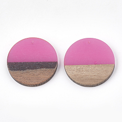 Hot Pink Resin & Walnut Wood Pendants, Flat Round, Hot Pink, 28.5x3.5~4mm, Hole: 1.5mm