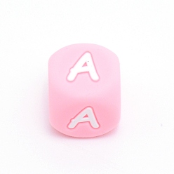 Letter A Силиконовые бусины с алфавитом для изготовления браслетов или ожерелий, стиль письма, розовый куб, letter.a, 12x12x12 мм, отверстие : 3 мм